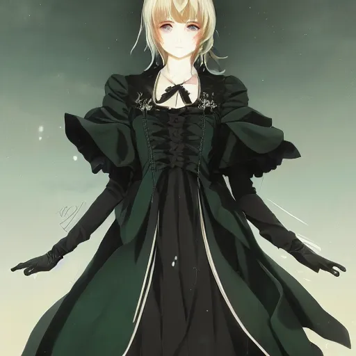 Image similar to victorique de blois anime girl gosick super detailed green eyes green eyes green eyes green eyes black dress black dress black dress black dress blonde hair by greg rutkowski makoto shinkai aramaki shinji artgerm, cushart krenz key art feminine award winning