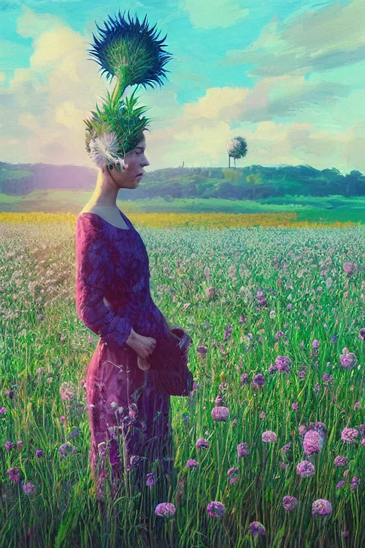 Prompt: portrait, a huge thistle flower under head, girl in suit in field of flowers, surreal photography, sunrise, blue sky, dramatic light, impressionist painting, digital painting, artstation, simon stalenhag