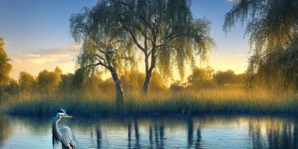 Image similar to a majestic blue heron in shallow river, waterfalls in distance, willow trees, cherry blosom trees, lily pads, bullrushes, marsh, clouds, golden hour, intricate, luminescent matte painting, highly detailed, artstation