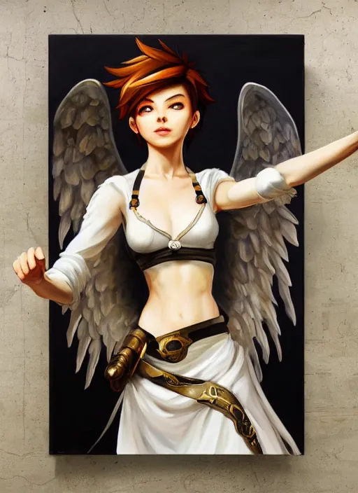 Image similar to full body oil painting of tracer overwatch in the style of sophie anderson, angel wings, white dress, dramatic painting, wearing black collar, symmetrical composition, ornate, high detail, gold, blooming, lights, flowers,