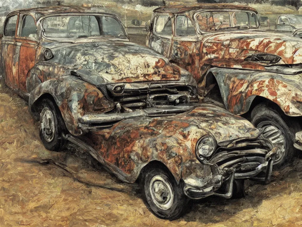 Image similar to Rusty old car. Painting by Lucian Freud.