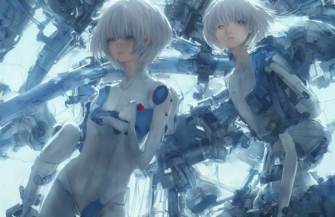 Image similar to Rei Ayanami, female anime character, technological rings, inside a space station, shot from the ground by Yoshiyuki Sadamoto, environment concept, digital art, trending on artstation, low level, 8K UHD image, octane render, Howl's Moving Castle, tranquil divine observer Nymph by ismail inceoglu nicola samori dragan bibin hans thoma greg rutkowski Alexandros Pyromallis Nekro Rene Margitte illustrated, official anime key media, hyper realistic vfx simulation, intricately detailed