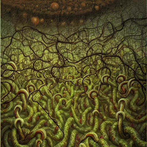 Image similar to a hyperrealistic painting of a psychedelic nightmare landscape, worms, bees, vines, by anton semenov and santiago caruso, highly detailed, vivid color,