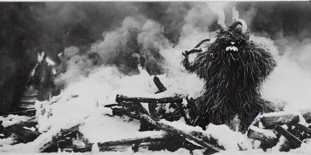 Image similar to 1 9 2 0 s photography of krampus hay monster burning on a pyre, submerged in snow