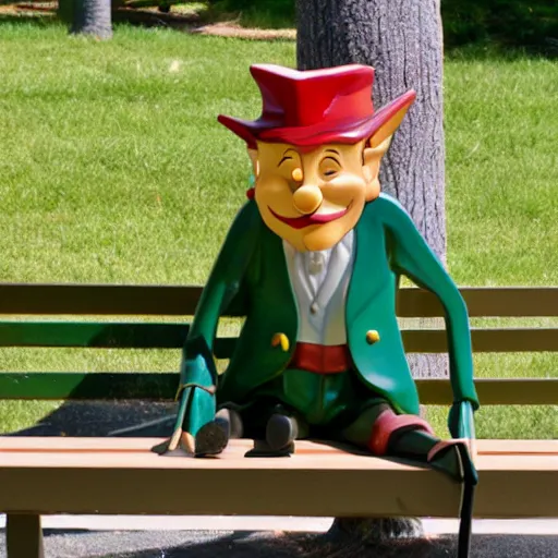 Image similar to pinocchio stuck on a bench with the long nose