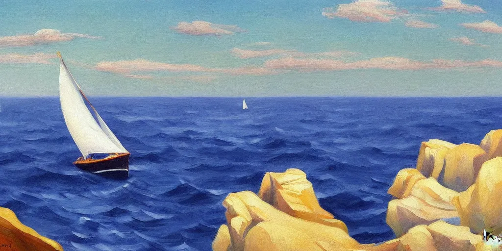 Prompt: sailboat style of edward hopper windy waves cliffs beautiful 8k painting