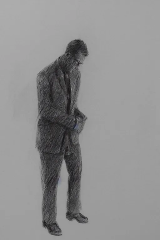 Image similar to a drawn man standing in the rain. pencil sketch.