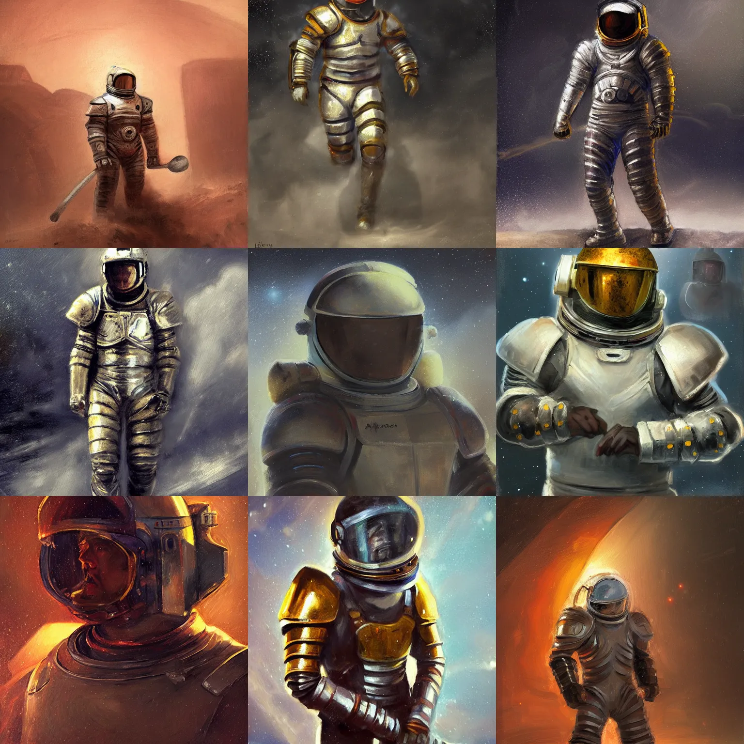 Prompt: astronaut gladiator with riot armor, tonalist portrait, luminism, chiaroscuro, grisaille, hard edges, frentic brushwork, motion blur, edge lighting, rim lighting