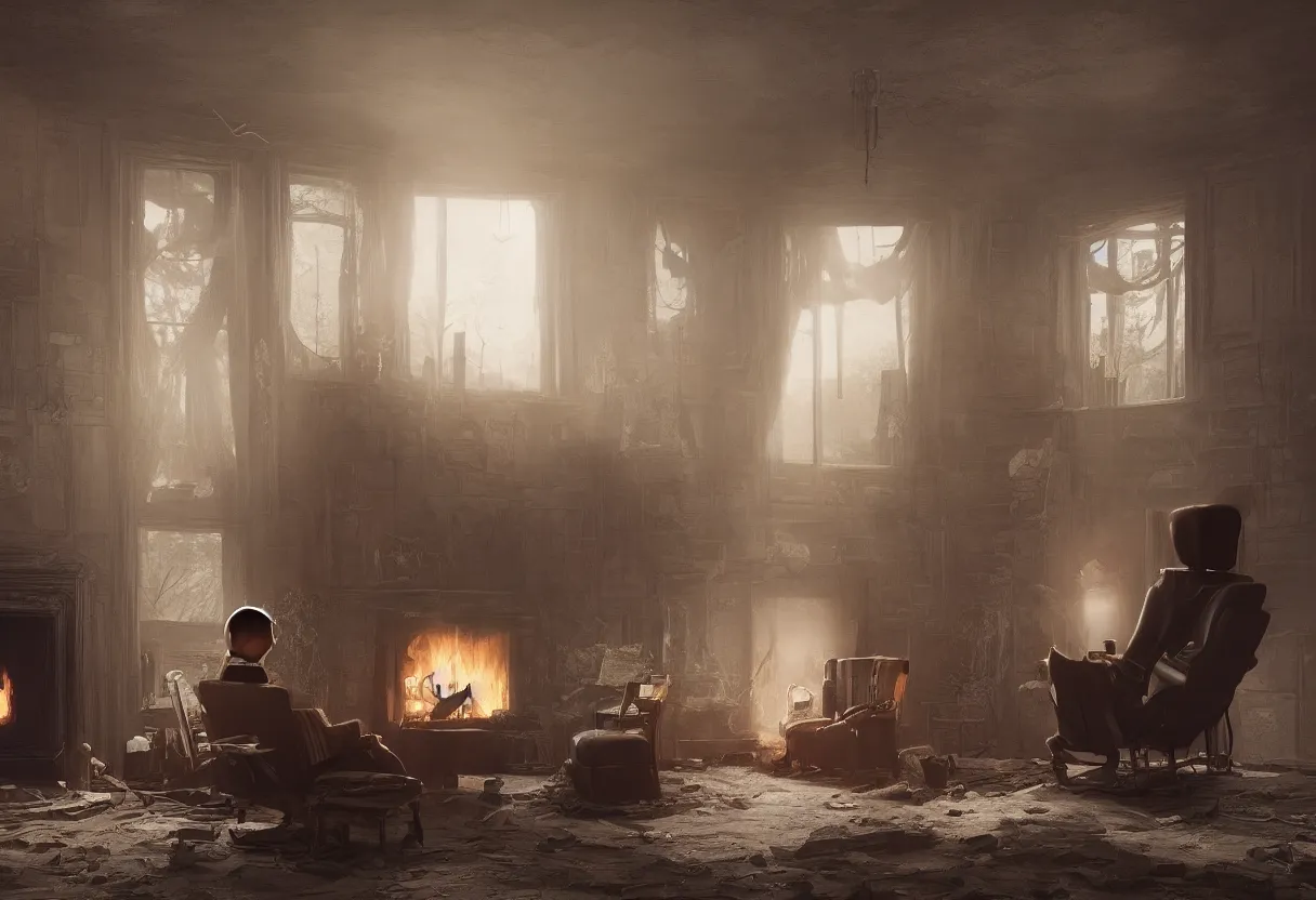 Image similar to intimate portrait photograph of one single lone solitary futuristic robot sitting on a frayed recliner in front of a beautiful fireplace with a cozy fire, in a dupost-apocalyptic Victorian home, soft morning light seeping in a window, with cinematic lighting and lens flare, tall ceiling, octane render, cgsociety, by Simon Stalenhag and Alfonso Cuaron, highly detailed closeup portrait, award-winning highly detailed 8k anamorphic closeup tight cinematic movie photograph