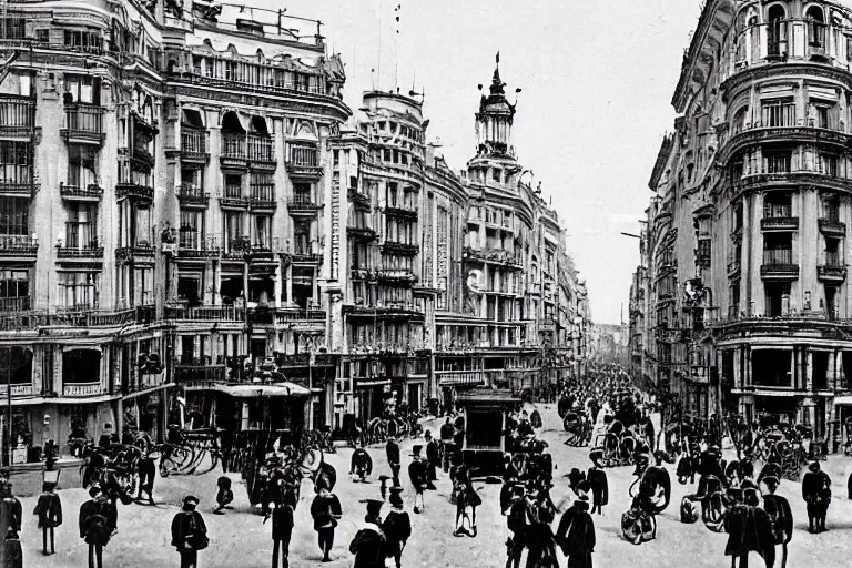 Prompt: The Madrid Gran Vía, steampunk, Victorian era style, 1890 photo, retro futuristic, highly detailed, hyper realistic