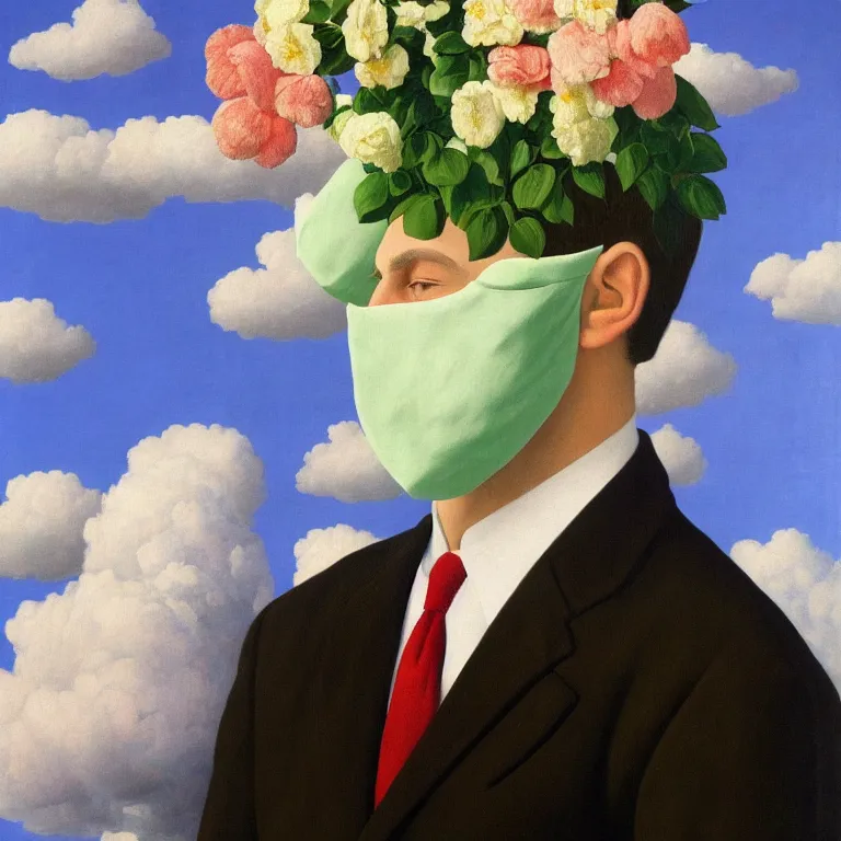 Prompt: portrait of man in a suit with flowers hiding his face by rene magritte and clouds in the background, detailed painting, hd, hq, high resolution, high detail, 4 k, 8 k