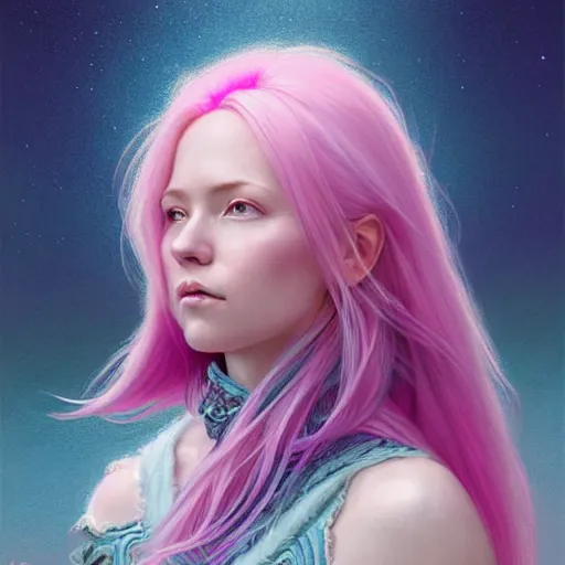 Prompt: pink haired mage medium portrait, female, glacier landscape, norway, d & d, fantasy, intricate, elegant, highly detailed, digital painting, pink and teal color palette, artstation, octane render, concept art, matte, sharp focus, illustration, herrarthstone, art by artgerm and greg rutkowski and alphonse mucha