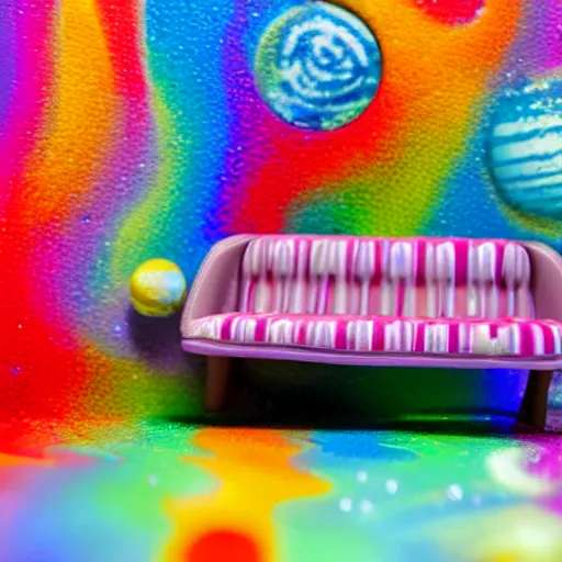 Image similar to fisher price couch, perfect focus, psychedelic trippy couch in space, planets, milky way, sofa scene from tv show hyper detailed 5 5 mm 8 5 mm, toy photography, made out of plastic