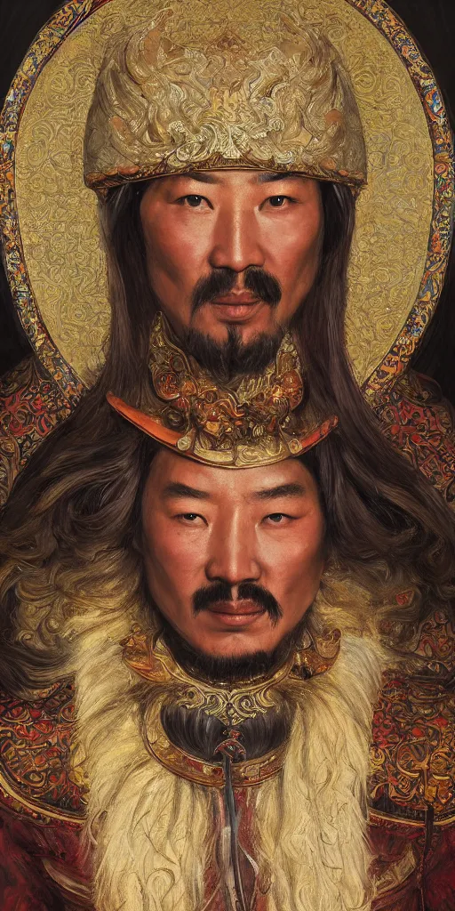 Image similar to a stunning and noble highly detailed romantic period style portrait of Genghis Khan by Josep Tapiró Baró, trending on artstation, oil painting masterpiece, symmetry, fractals, Mongolian iconography