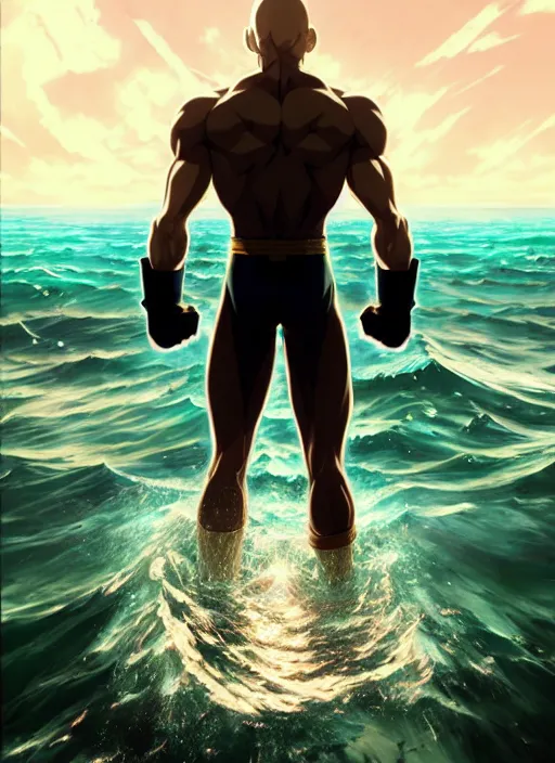 Image similar to gigachad luigi clenched fist punching like saitama wearing a suit in the ocean, fantasy character portrait, ultra realistic, anime key visual, concept art, intricate details, highly detailed by greg rutkowski, ilya kuvshinov, gaston bussiere, craig mullins, simon bisley