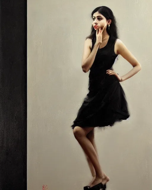 Image similar to beautiful portrait painting an gorgeous delhi girl wearing a little black dress, oil painting, art by ruan jia