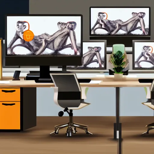 Image similar to a large number of monkeys are sitting in cheap office chairs staring at computer screens in a crowded office with cubicles, the computer screens have bitcoin logos, hyperrealism, unreal engine 5, 4 k, harsh contrast lighting