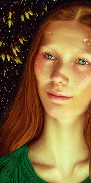 Image similar to young woman, smiling, amazed by golden fireflies lights, sitting in the midst of nature fully covered, long loose red hair, intricate linework, green eyes, small nose with freckles, oval shape face, realistic, expressive emotions, dramatic lights, spiritual scene, hyper realistic ultrafine art by cecco del caravaggio and albert bierstadt and artgerm