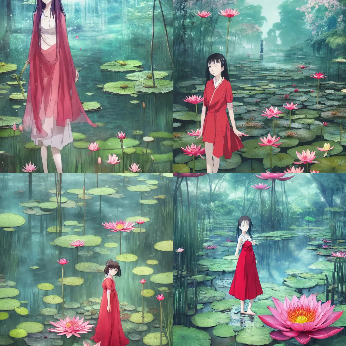 Prompt: a girl standing inside a botanical garden filled with water and red lotus by Hayao Miyazaki by Anna Dittmannand, by hayao miyazaki, digital art. surreal. trending on artstation. anime arts. featured on Pixiv, HD, 8K, highly detailed, good lighting. beautiful. epic.