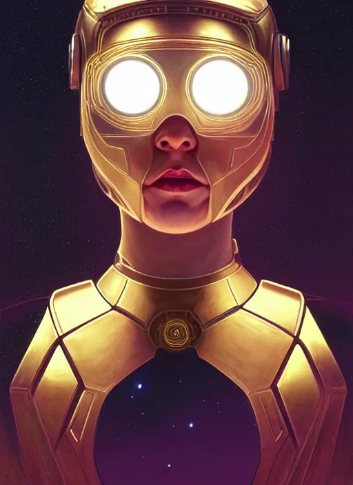 Image similar to symmetry!! portrait of young carrie fisher, gold sci - fi armour, tech wear, glowing lights!! sci - fi, intricate, elegant, highly detailed, digital painting, artstation, concept art, smooth, sharp focus, illustration, art by artgerm and greg rutkowski and alphonse mucha