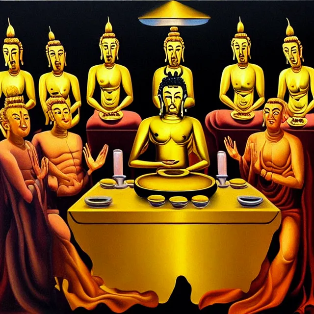 Image similar to a beautiful painting cyberpunk gold buddha the last supper, by salvador dali realistic oil painting