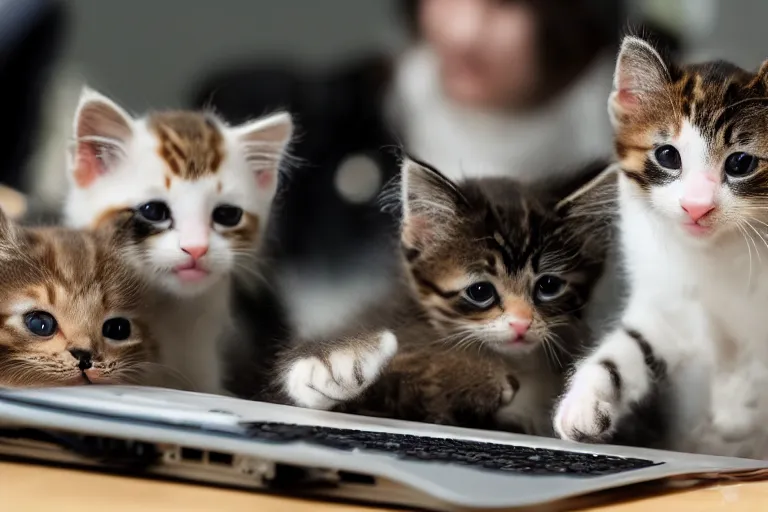 Prompt: Stressed out Kittens at the office working on spreadsheets, 200mm, canon, f/22