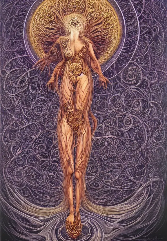 Image similar to perfectly centered full body front view of a beautiful biomechanical moon goddess, flowing hair, intense stare, sweet smile, symmetrical, concept art, intricate detail, volumetric shadows and lighting, psychedelic colors, realistic oil painting, alex grey, gustave dore,