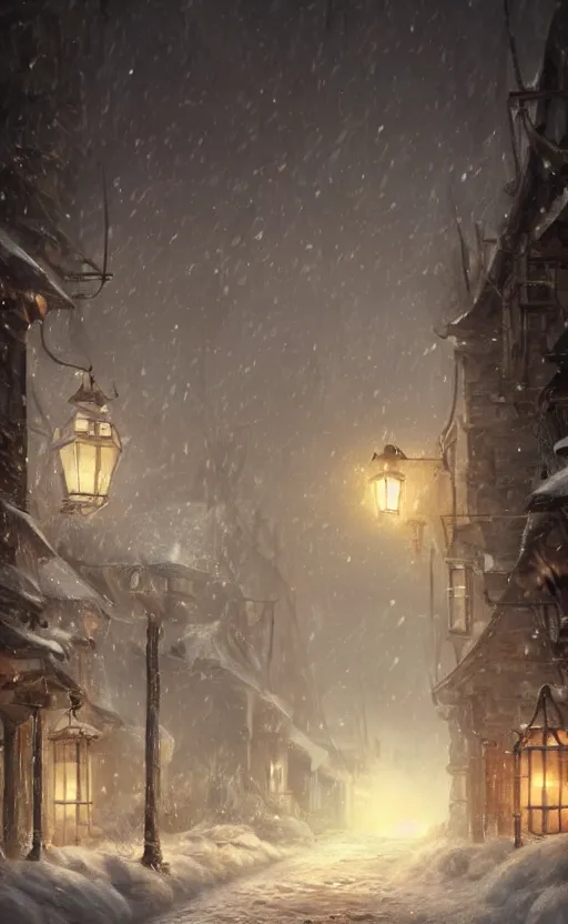 Image similar to a blurry ambient lantern in the distance of a snowy village at night, dynamic lighting, ambient lighting, atmospherical, photorealistic fantasy concept art, trending on art station, stunning visuals, creative, cinematic, ultra detailed