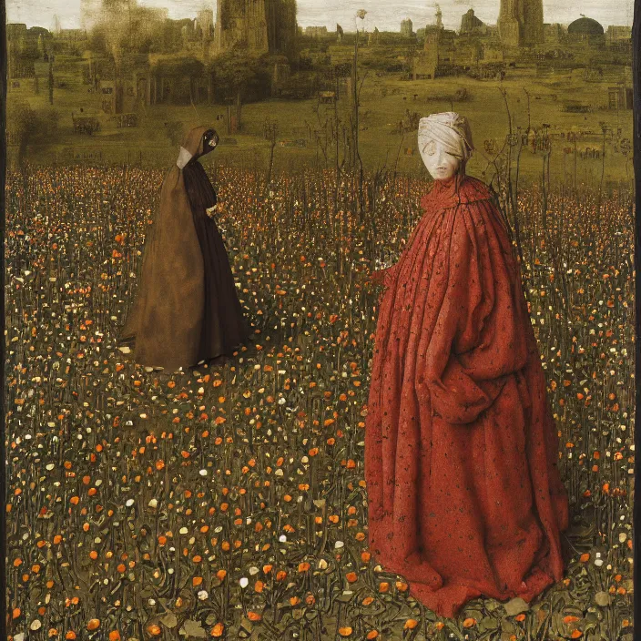 Prompt: a woman wearing a cloak made of plastic an mud, in an infinite landscape of flowers, by jan van eyck, canon eos c 3 0 0, ƒ 1. 8, 3 5 mm, 8 k, medium - format print