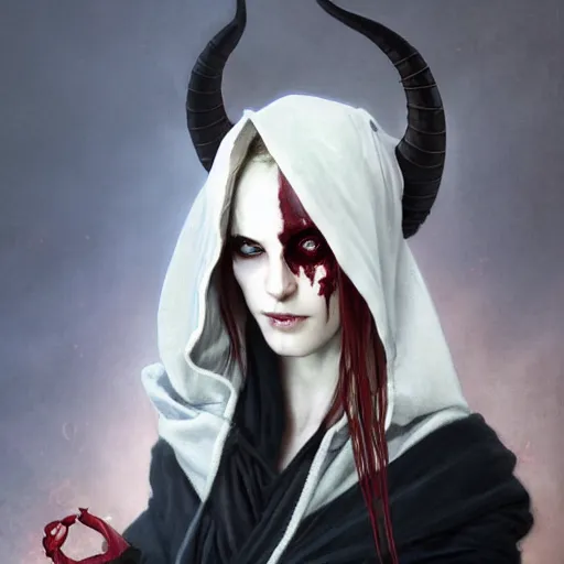 Image similar to masterpiece portrait of a clothed hooded surly and resentful female tiefling thief with red skin black sclera and horns under the hood, by Greg Rutkowski and John Collier and Krenz Cushart and Artem Demura and Alphonse Mucha and Albert Aublet, as seen on ArtStation, 4k, dungeons and dragons, very aesthetic, very detailed, intricate, unreal, fantasy, dramatic, painterly, artstation, sharp focus, smooth