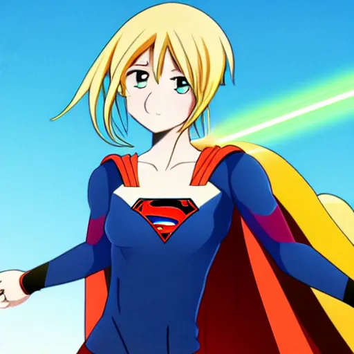 Image similar to anime visual of supergirl shooting laserbeams from her eyes