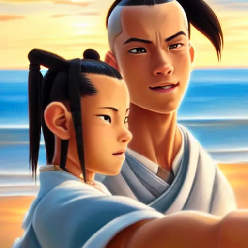 Image similar to beautiful serene intricate portrait of sokka and toph from avatar the last airbender taking a selfie, smiling softly, relaxing on the beach, golden hour, soft focus, 8 k, art by irakli nadar, hyperrealism, hyperdetailed, ultra realistic