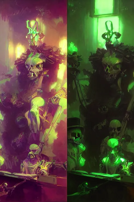 Image similar to neon green skeleton in a purple room portrait dnd, painting by gaston bussiere, craig mullins, greg rutkowski, yoji shinkawa