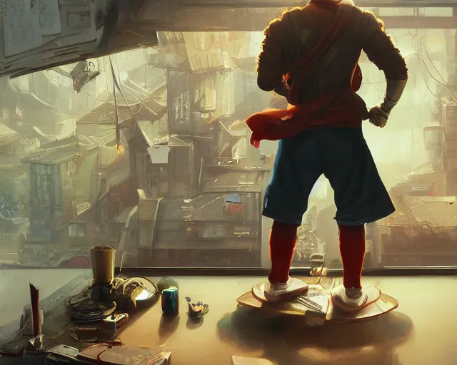 Image similar to an insanely detailed painting of a nerdy asian man wearing a superhero costume, sitting at a desk, staring at the nervously at the computer and typing, in the style of peter mohrbacher, dramatic lighting and composition, octane render, pixar, trending on artstation, concept art, comic book, view from behind