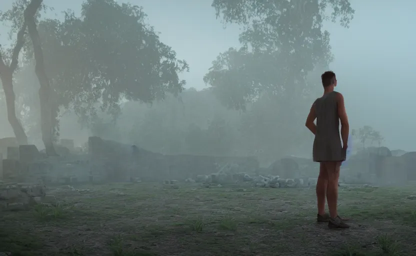 Image similar to a 3 d render of a person standing in the ruins of an ancient city in the morning mist, greek and roman ruins, bokeh, canon 5 0 mm, cinematic lighting, volumetric light, octane, octane render, redshift render, golden hour, pompeii