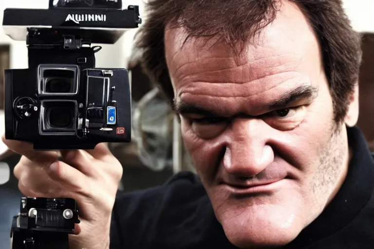 Image similar to high quality photo of aQuentin tarantino holding a 16 mm camera