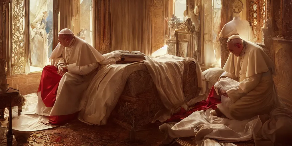 Image similar to photography of a pope making touching a sensual woman in a bedroom, deep focus, intricate, elegant, highly detailed, digital painting, artstation, concept art, matte, sharp focus, illustration, art by artgerm and greg rutkowski and alphonse mucha