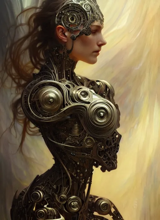 Image similar to organic cyborg, ancient Celtic, diffuse lighting, fantasy, intricate, elegant, highly detailed, lifelike, photorealistic, digital painting, artstation, illustration, concept art, smooth, sharp focus, art by John Collier and Albert Aublet and Krenz Cushart and Artem Demura and Alphonse Mucha