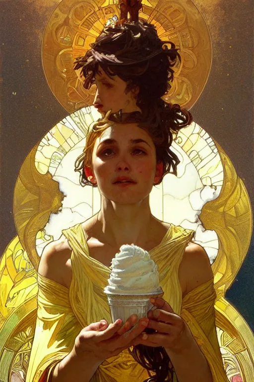 Image similar to A god wearing golden clothes, eating ice cream, fantasy, painting by greg rutkowski and alphonse mucha