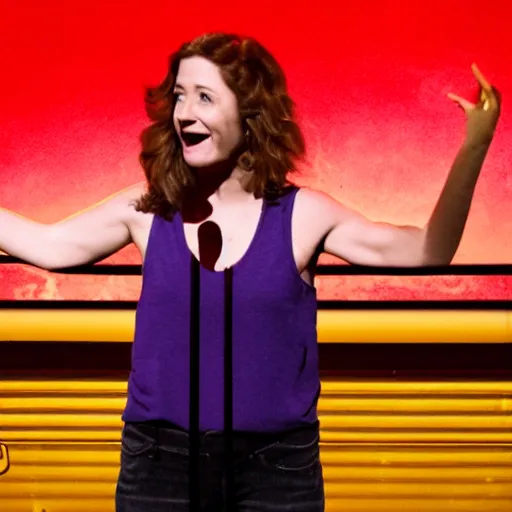 Image similar to film still of netflix comedy special. 3 2 - year - old, female short height, good - looking, standup comedian, skateboarder style, pale complexion, jewish and italian descent, fit, on stage, laughing, telling jokes