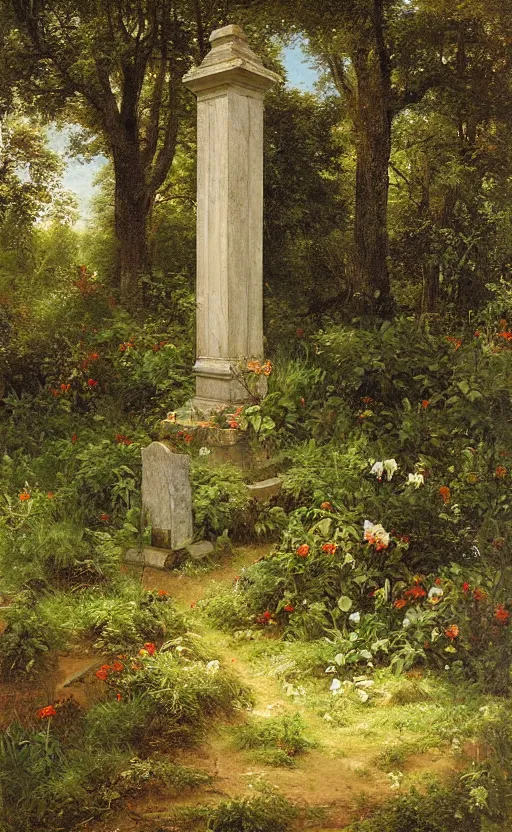 Prompt: artwork painting of a lush environment, a cemetery headstone by eugene von guerard, ivan shishkin