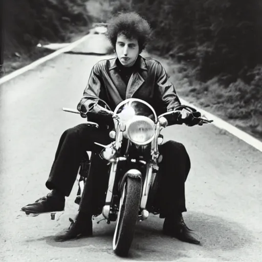 Image similar to bob dylan on a motorbike with his guitar