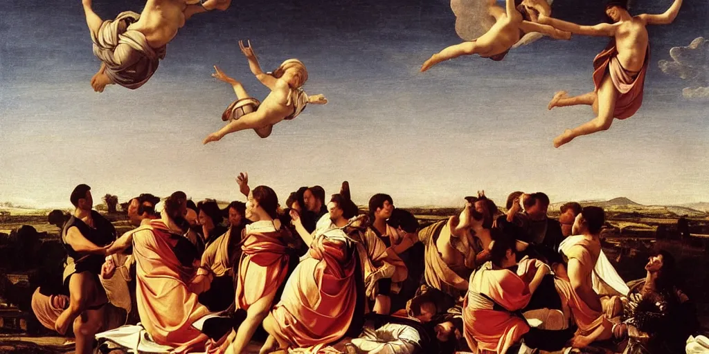 Prompt: beautiful oil matte portrait painting, people dancing among the clouds, flying in the sky, wonderful masterpiece highly detailed, beautiful cinematic light deep focus, elegant, digital painting, smooth, sharp focus, golden ratio, dramatic illumination, ultra realistic, 8 k, art by giovanni bellini and caravaggio