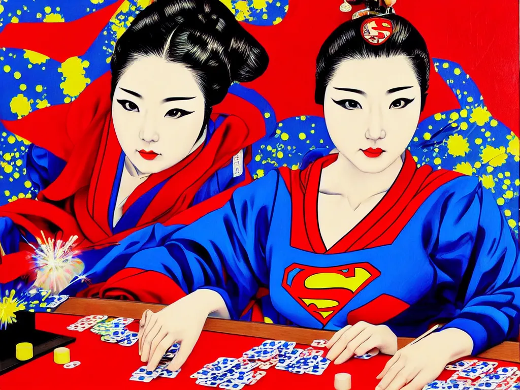 Image similar to hyperrealism composition of the detailed woman in a japanese kimono sitting at a poker table with superman, fireworks on the background, pop - art style, jacky tsai style, acrylic on canvas