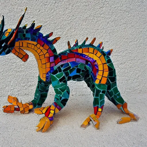 Prompt: mosaic sculpture of a alebrije chimera!!!, irregularly shaped mosaic tiles, hand glazed pottery shards, in the style of folk art, gallery photo