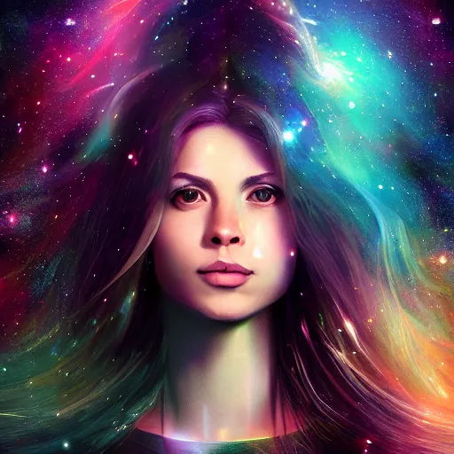 Image similar to woman portrait made out of galaxies floating in space, saturn, highly detailed, beautiful, realistic, comic book art, unreal engine, octane render, sharp focus, spaceship