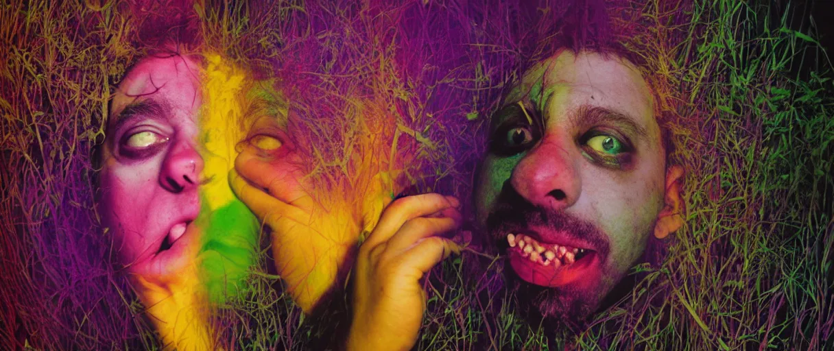 Prompt: award winning photo of a todd solondz charles thompson iv eating magic mushrooms and becoming nature, sad and happy, crying and smiling franticly, vivid colors, happy, symmetrical face, beautiful eyes, studio lighting, wide shot art by sally mann & arnold newman