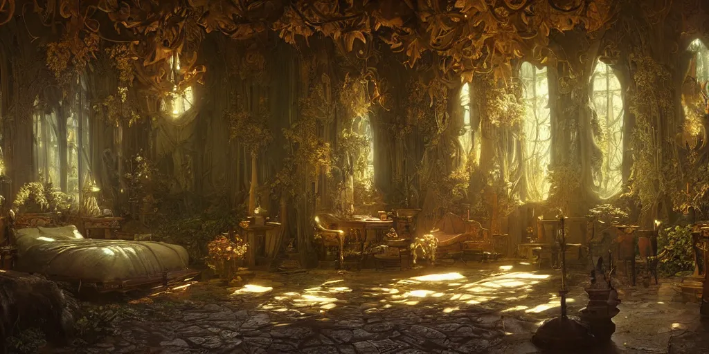 Image similar to a room in a fairy castle, stephen bliss, unreal engine, fantasy art by greg rutkowski, ferdinand knab,, ilya kuvshinov, maxfield parrish tom bagshaw, alphonse mucha, global illumination, radiant light, detailed and intricate environment