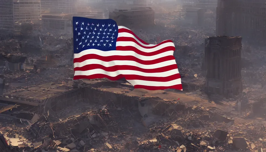 Image similar to us flag flying in the wind in destroyed washington dc city, hyperdetailed, artstation, cgsociety, 8 k