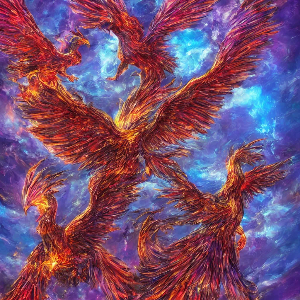 Image similar to phoenix rising up from the ashes, fantasy art, ultra realistic, purple red blue colors, in a huge nest of jewels